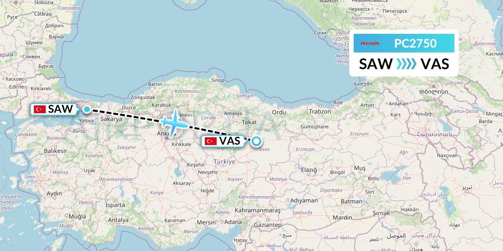 PC2750 Pegasus Airlines Flight Map: Istanbul to Sivas