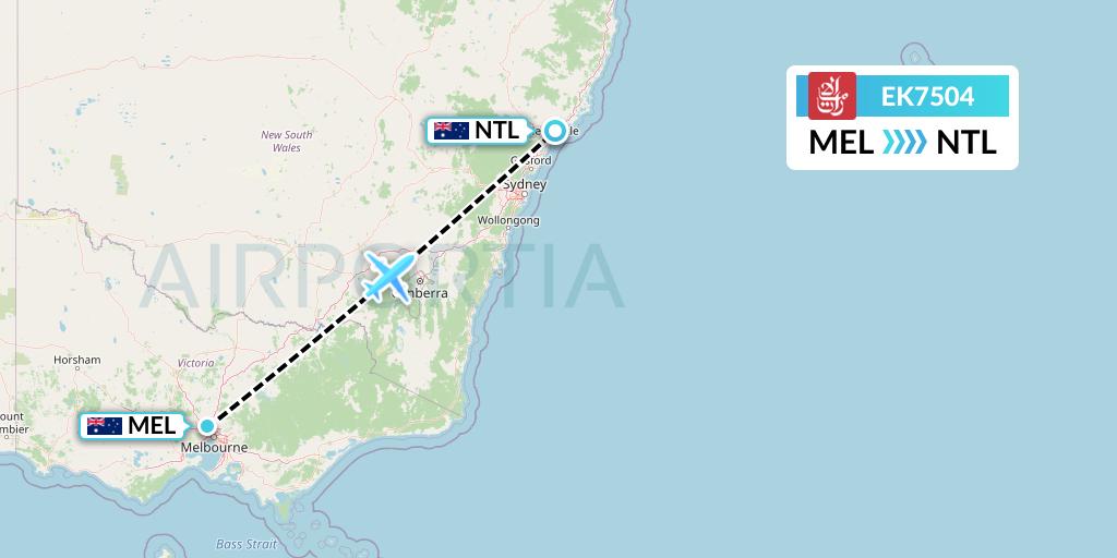 EK7504 Emirates Flight Map: Melbourne to Newcastle