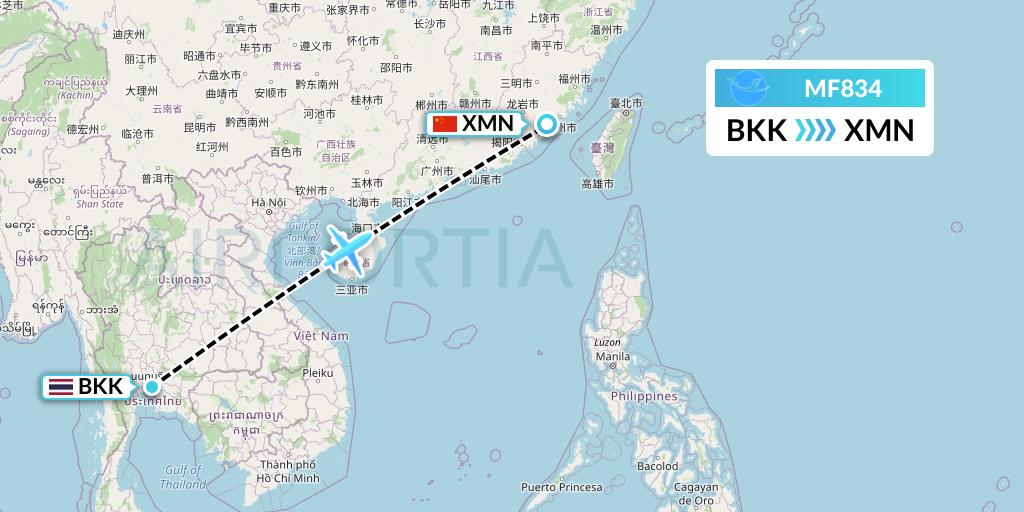 MF834 Xiamen Airlines Flight Map: Bangkok to Xiamen