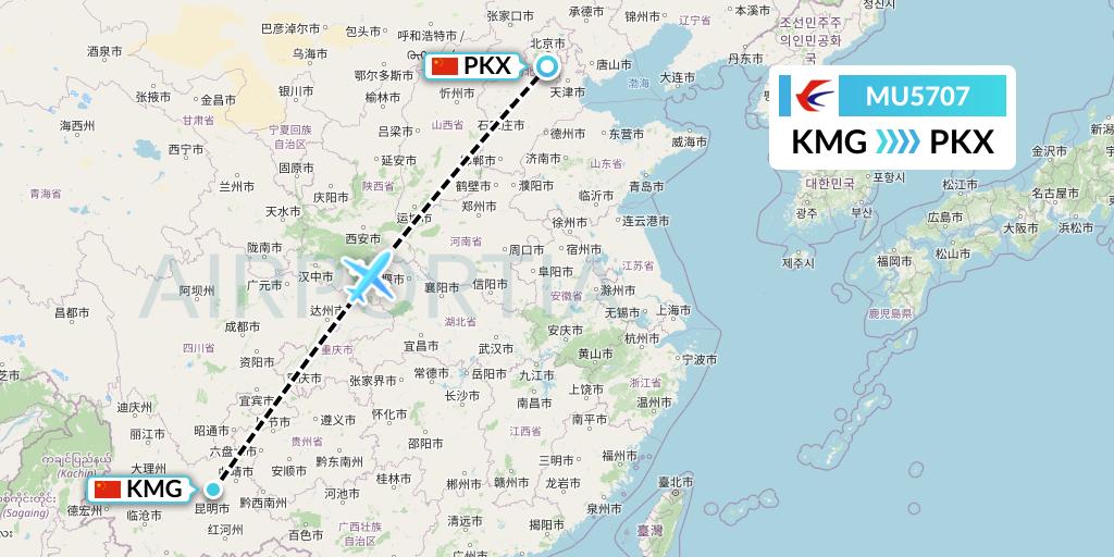MU5707 China Eastern Airlines Flight Map: Kunming to Beijing