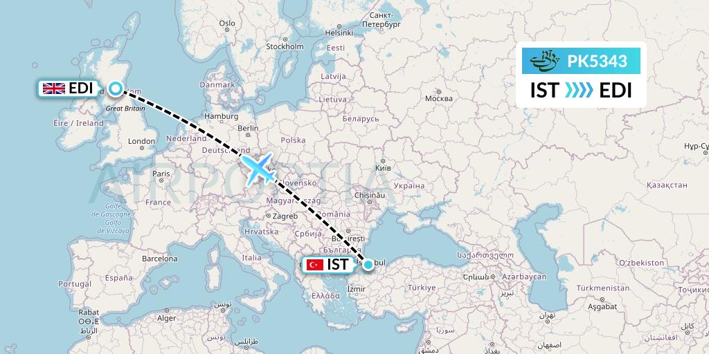 PK5343 Pakistan International Airlines Flight Map: Istanbul to Edinburgh