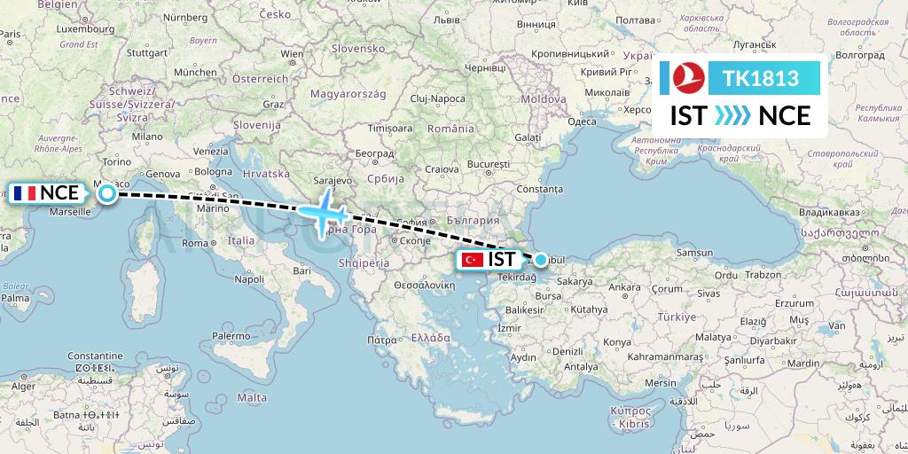 TK1813 Turkish Airlines Flight Map: Istanbul to Nice
