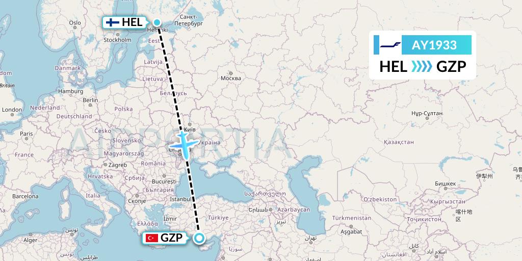 AY1933 Finnair Flight Map: Helsinki to Gazipasa