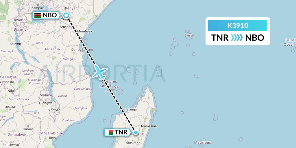 K3910 Taquan Air Flight Map: Antananarivo to Nairobi