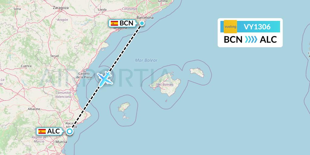 VY1306 Vueling Flight Map: Barcelona to Alicante