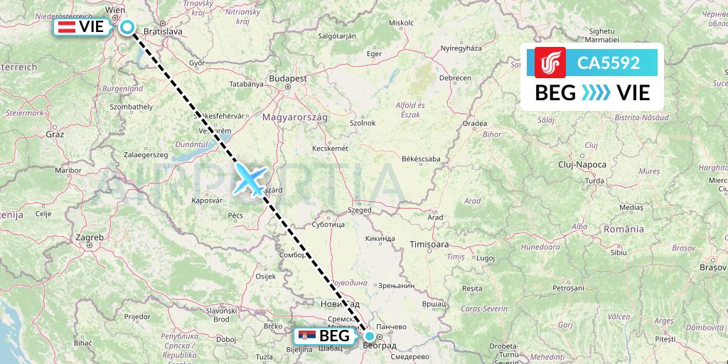 CA5592 Air China Flight Map: Belgrade to Vienna