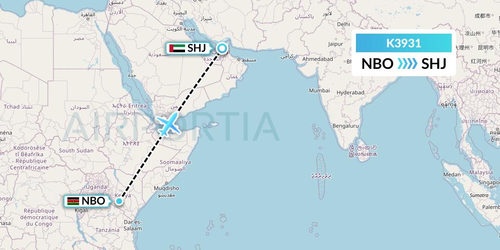K3931 Taquan Air Flight Map: Nairobi to Sharjah