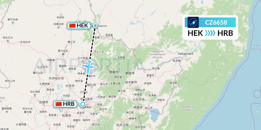 CZ6658 China Southern Airlines Flight Map: Heihe to Harbin