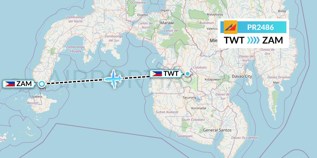 PR2486 Philippine Airlines Flight Map: Tawitawi to Zamboanga