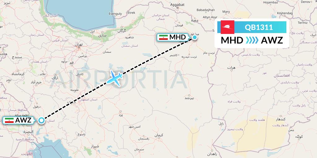 QB1311 Qeshm Airlines Flight Map: Mashhad to Ahvaz