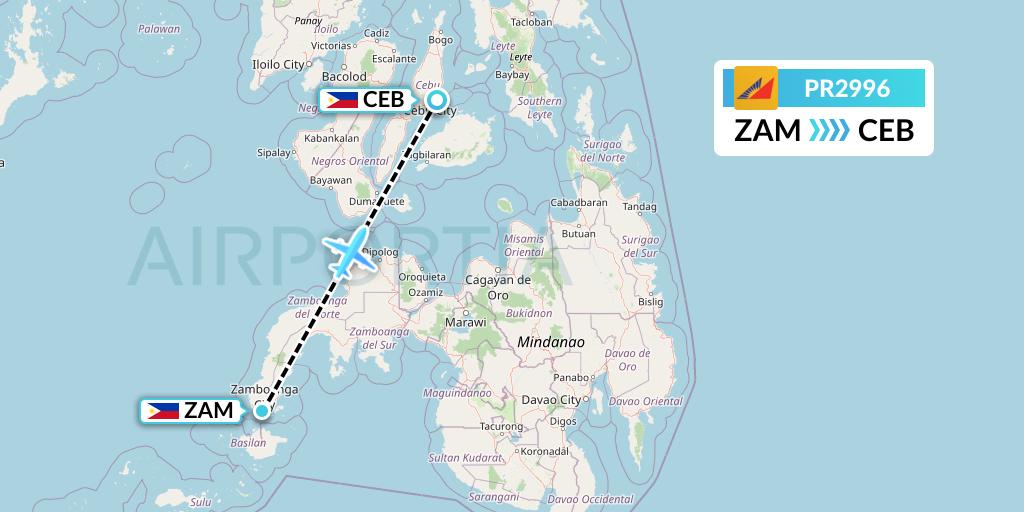 PR2996 Philippine Airlines Flight Map: Zamboanga to Cebu