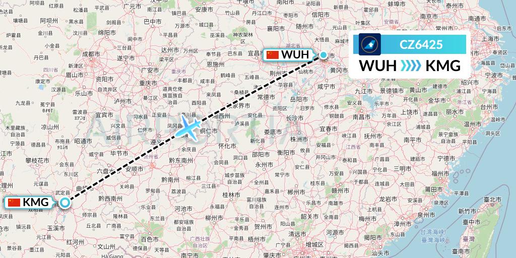 CZ6425 China Southern Airlines Flight Map: Wuhan to Kunming