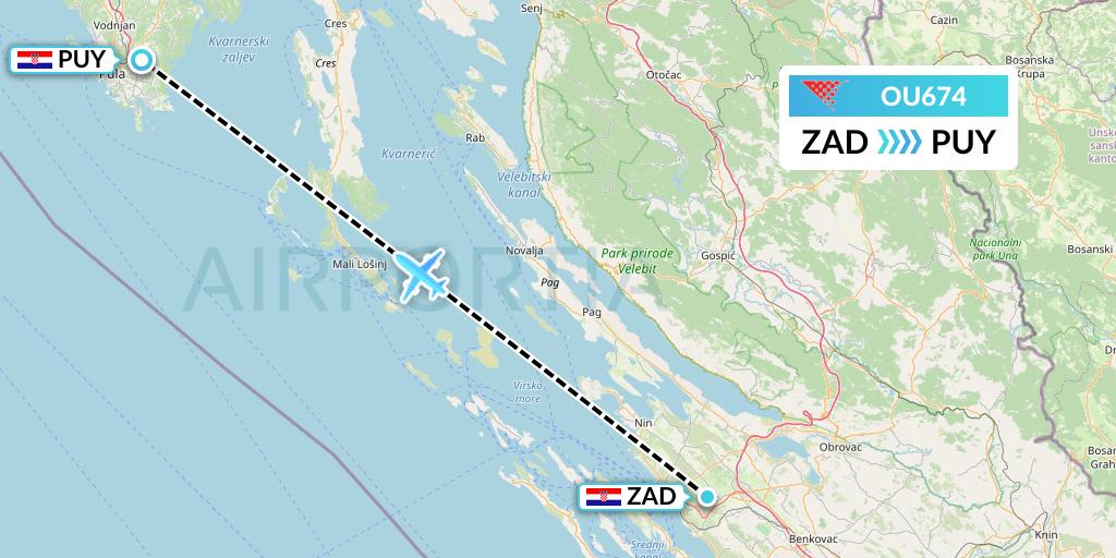 OU674 Croatia Airlines Flight Map: Zadar to Pula