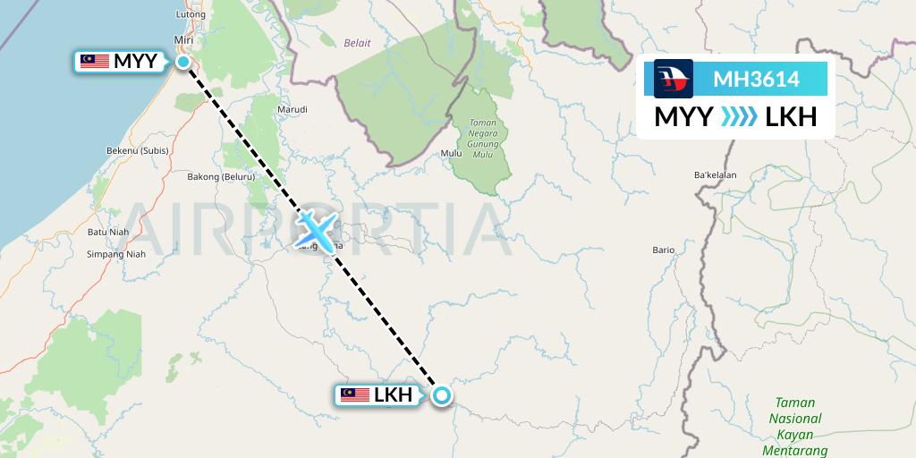 MH3614 Malaysia Airlines Flight Map: Miri to Long Akah