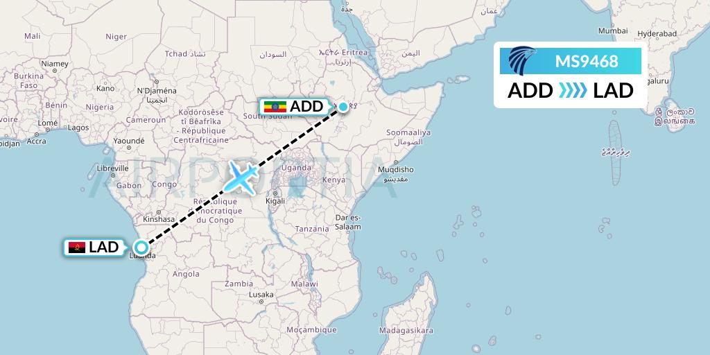 MS9468 EgyptAir Flight Map: Addis Ababa to Luanda