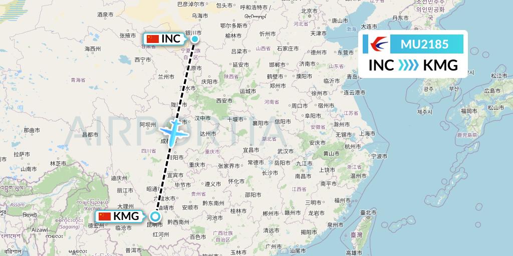 MU2185 China Eastern Airlines Flight Map: Yinchuan to Kunming