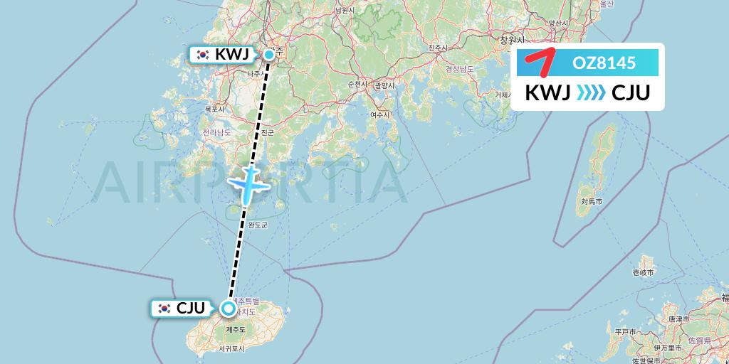 OZ8145 Asiana Airlines Flight Map: Gwangju to Jeju