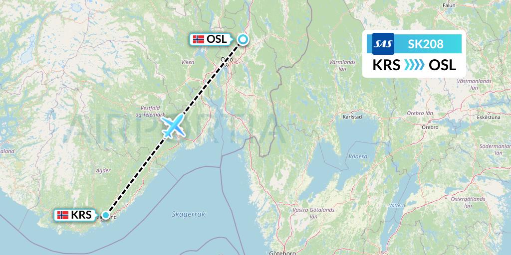 SK208 SAS Flight Map: Kristiansand to Oslo