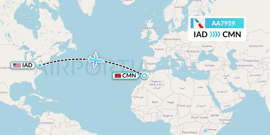 AA7959 American Airlines Flight Map: Washington to Casablanca