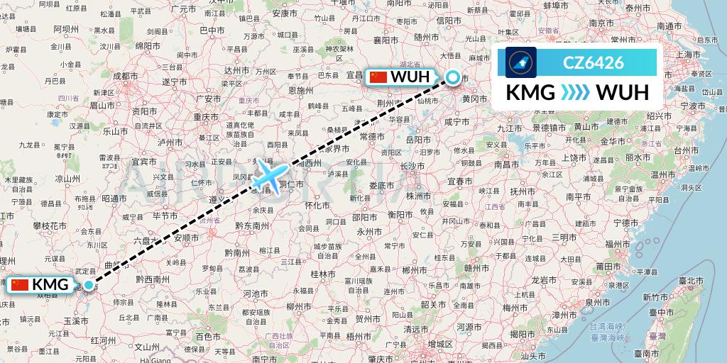 CZ6426 China Southern Airlines Flight Map: Kunming to Wuhan