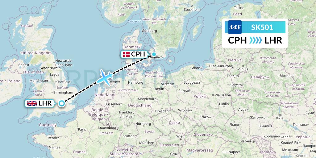 SK501 SAS Flight Map: Copenhagen to London