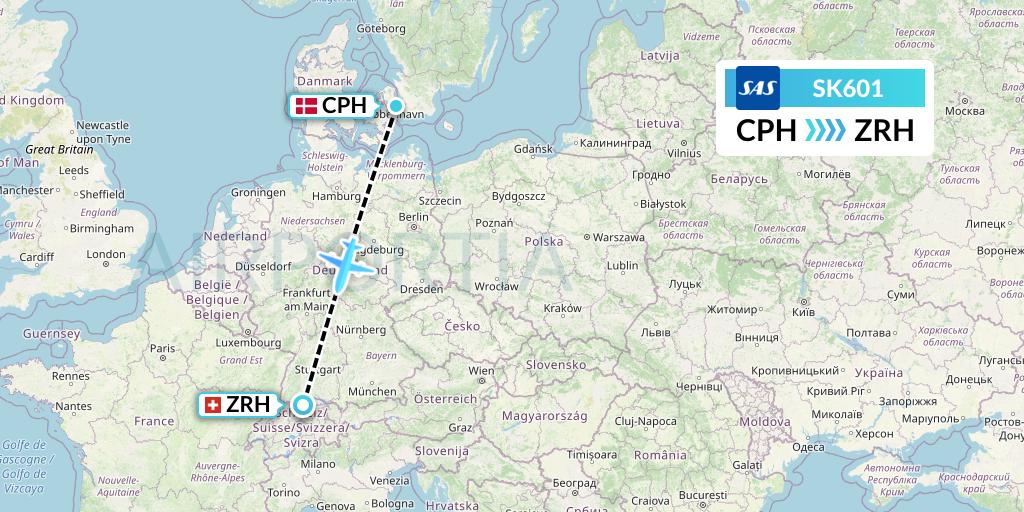 SK601 SAS Flight Map: Copenhagen to Zurich