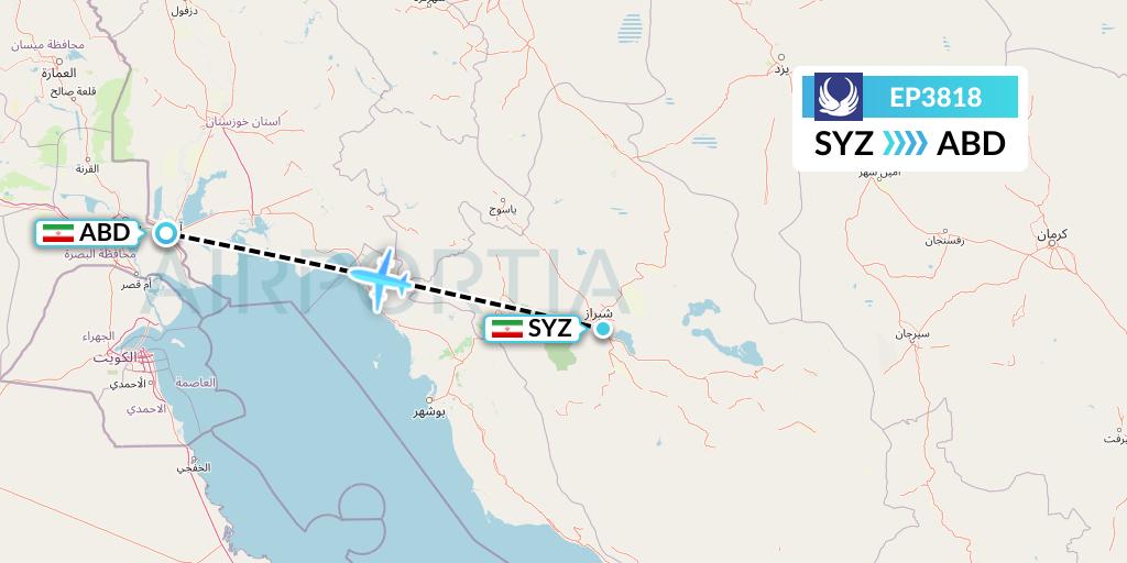 EP3818 Iran Aseman Airlines Flight Map: Shiraz to Abadan