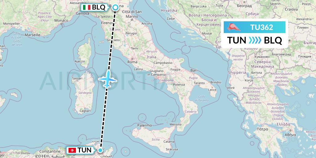 TU362 Tunisair Flight Map: Tunis to Bologna