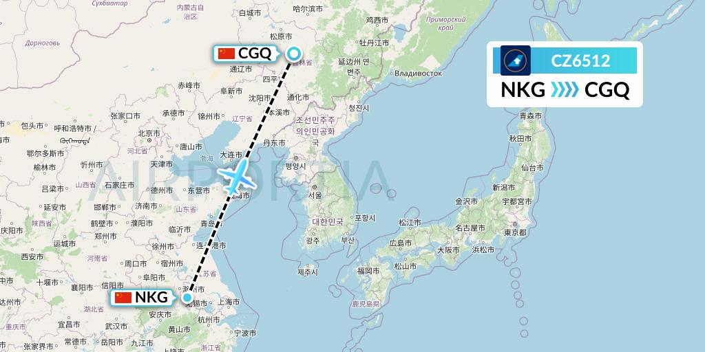 CZ6512 China Southern Airlines Flight Map: Nanjing to Changchun