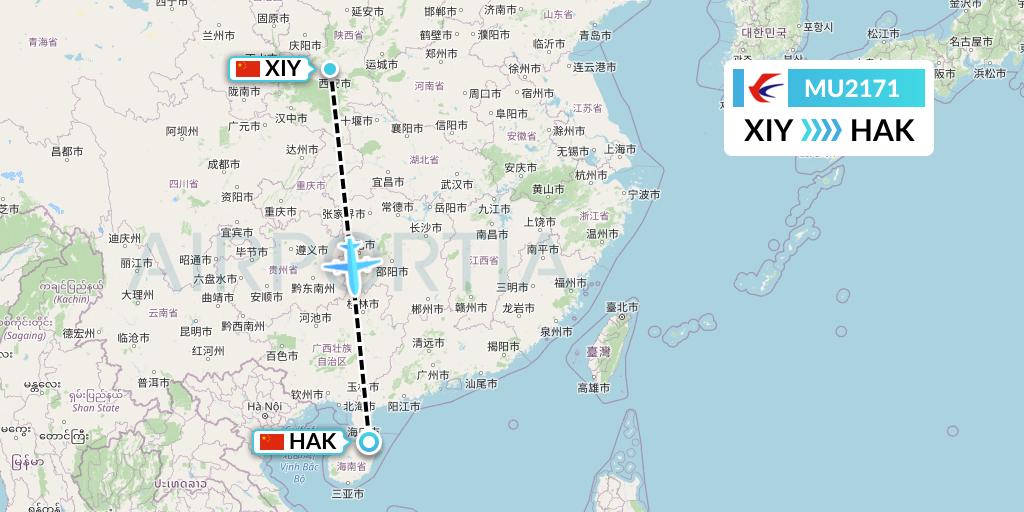 MU2171 China Eastern Airlines Flight Map: Xi'an to Haikou
