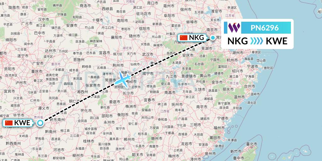 PN6296 China West Air Flight Map: Nanjing to Guiyang
