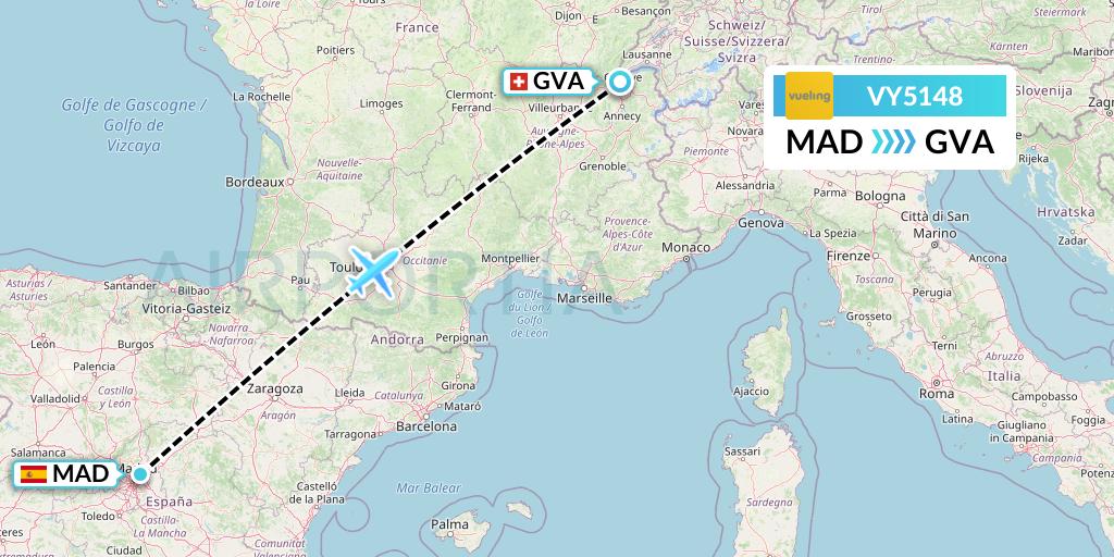 VY5148 Vueling Flight Map: Madrid to Geneva