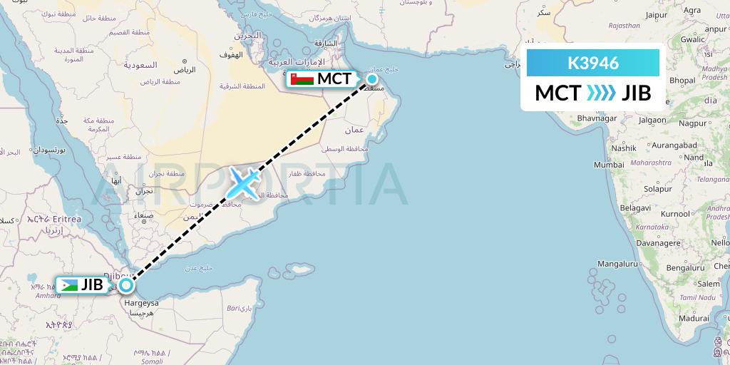 K3946 Taquan Air Flight Map: Muscat to Djibouti