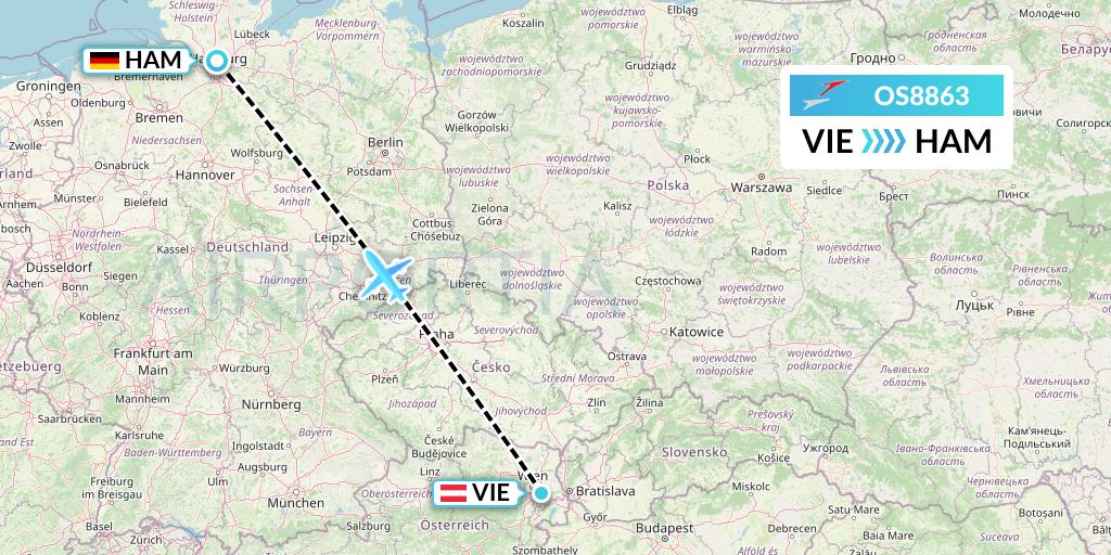 OS8863 Austrian Airlines Flight Map: Vienna to Hamburg