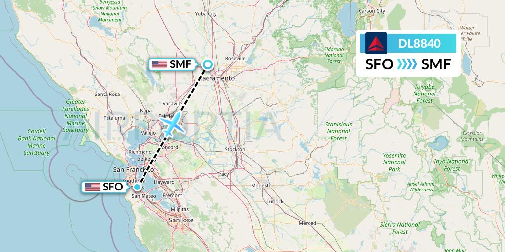 DL8840 Delta Air Lines Flight Map: San Francisco to Sacramento