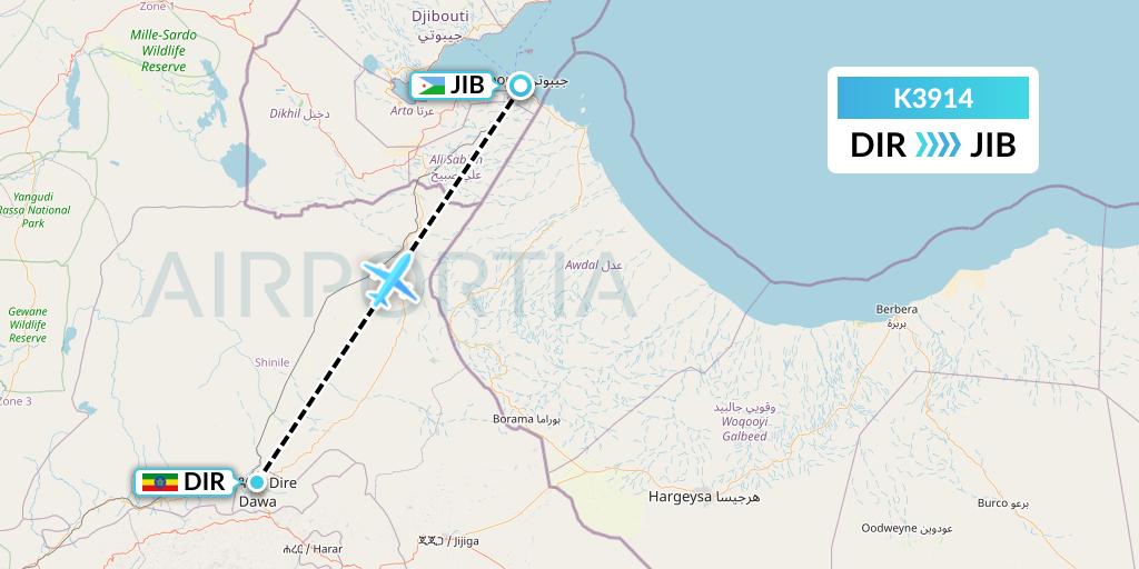 K3914 Taquan Air Flight Map: Dire Dawa to Djibouti
