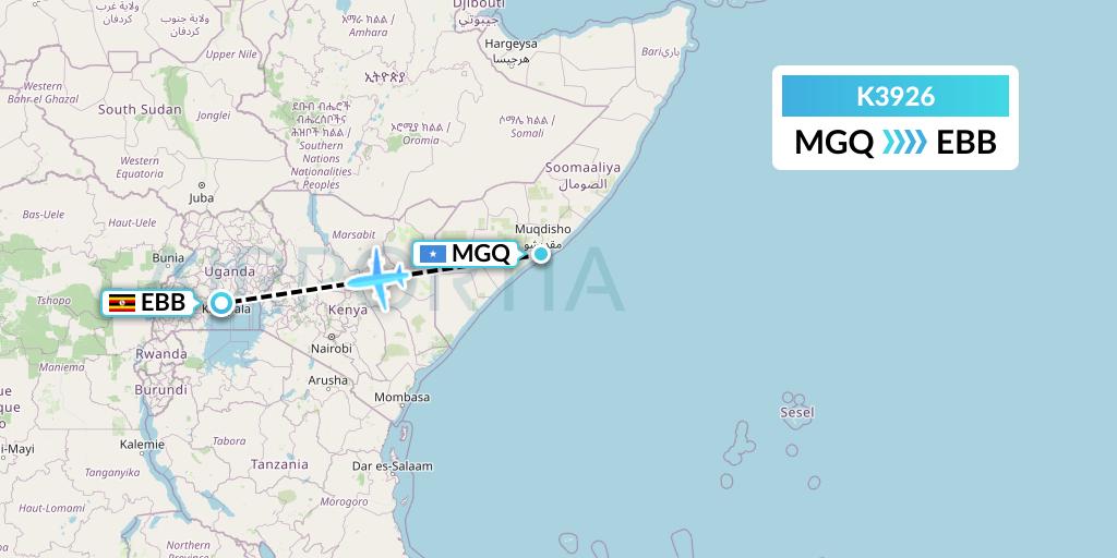 K3926 Taquan Air Flight Map: Mogadishu to Entebbe