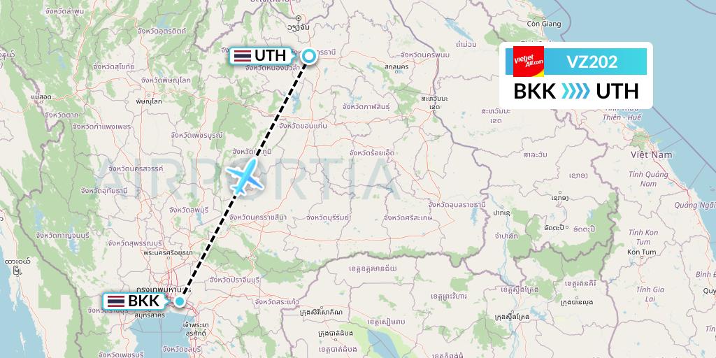 VZ202 Thai Vietjet Air Flight Map: Bangkok to Udon Thani