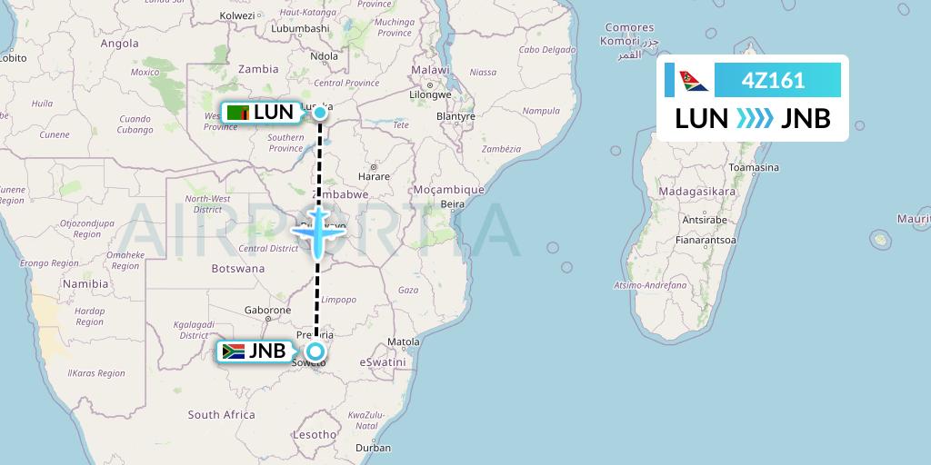 4Z161 Airlink Flight Map: Lusaka to Johannesburg