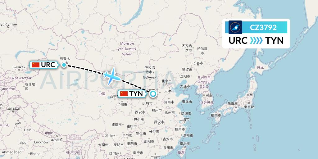 CZ3792 China Southern Airlines Flight Map: Urumqi to Taiyuan