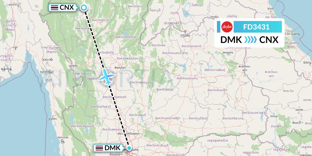 FD3431 Thai AirAsia Flight Map: Bangkok to Chiang Mai