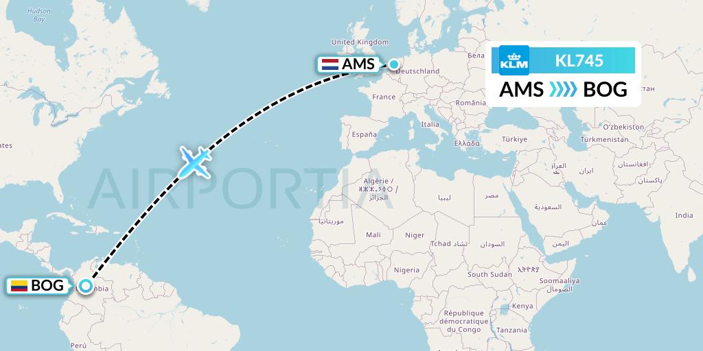 KL745 KLM Flight Map: Amsterdam to Bogota