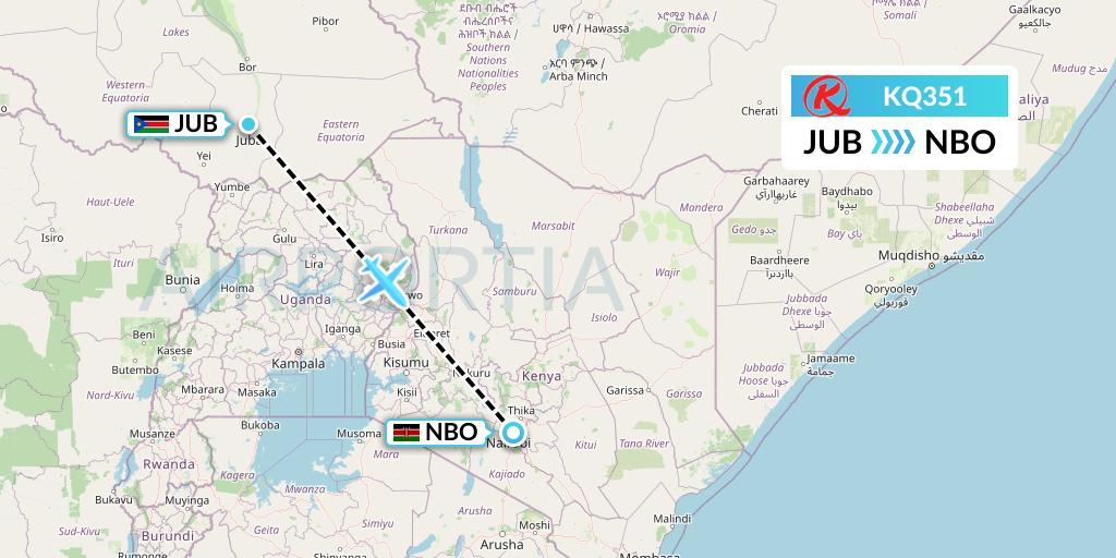 KQ351 Kenya Airways Flight Map: Juba to Nairobi