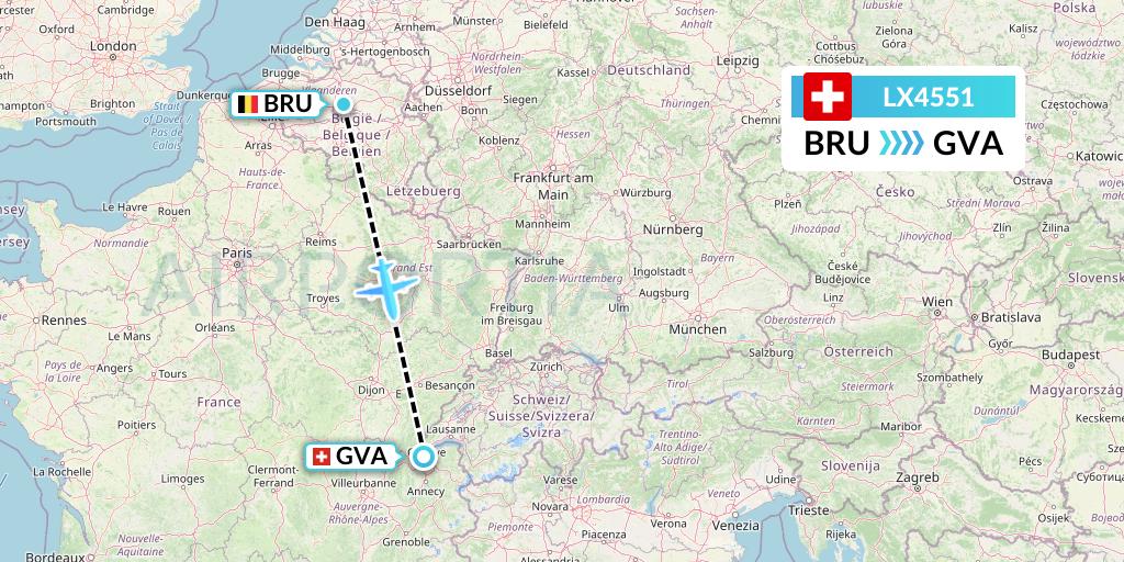 LX4551 Swiss Flight Map: Brussels to Geneva