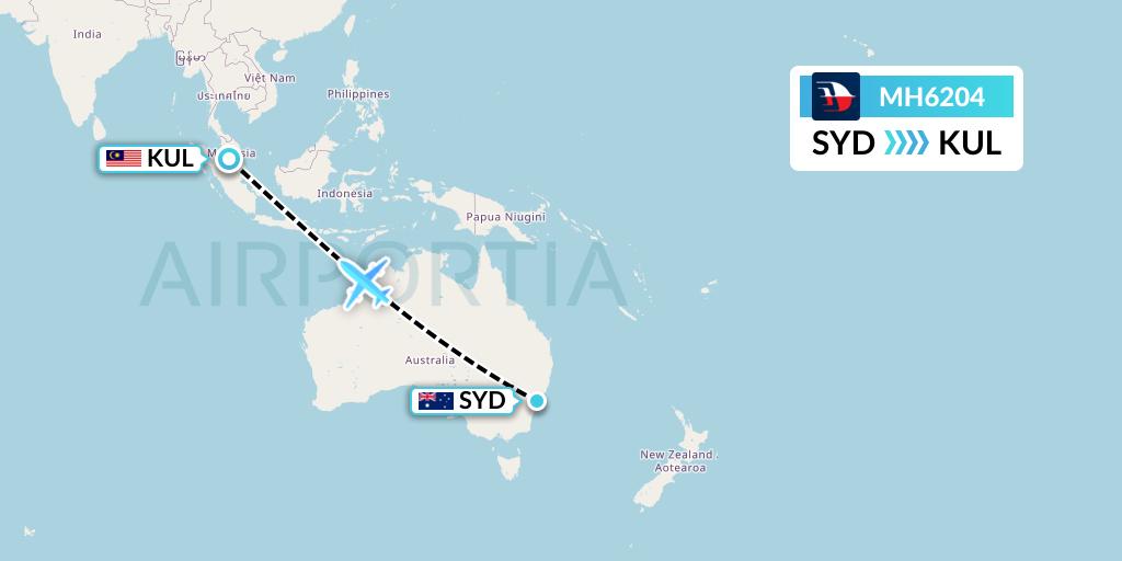 MH6204 Malaysia Airlines Flight Map: Sydney to Kuala Lumpur