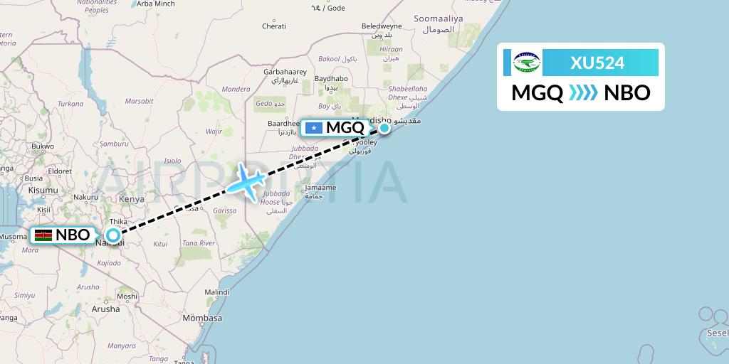 XU524 African Express Airways Flight Map: Mogadishu to Nairobi