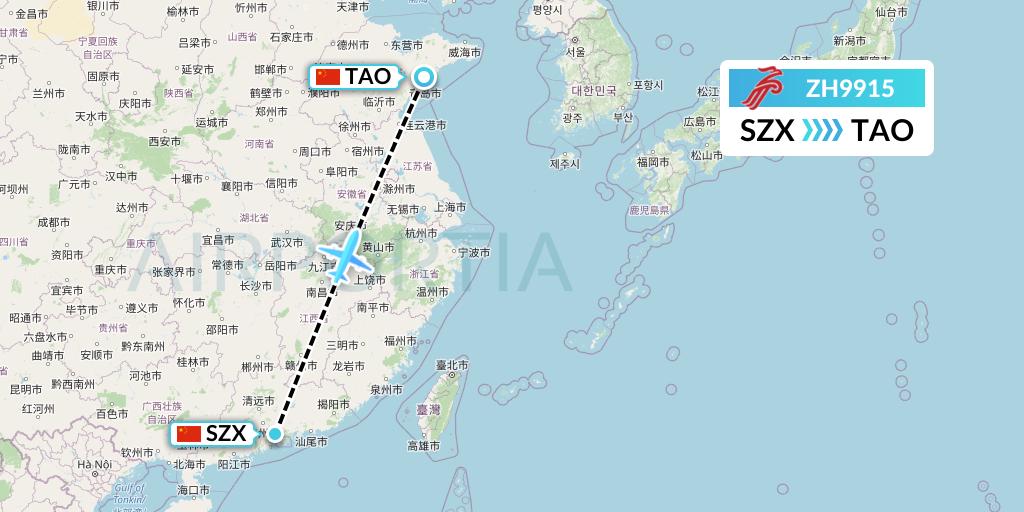 ZH9915 Shenzhen Airlines Flight Map: Shenzhen to Qingdao
