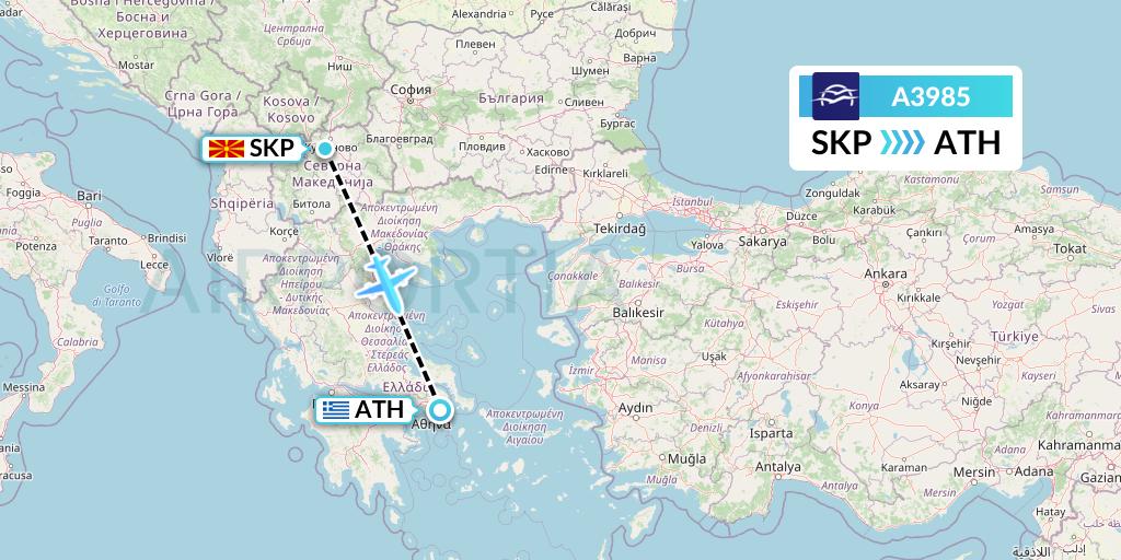A3985 Aegean Airlines Flight Map: Skopje to Athens