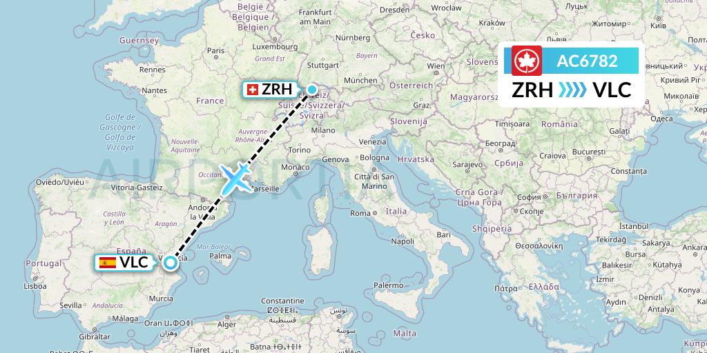 AC6782 Air Canada Flight Map: Zurich to Valencia