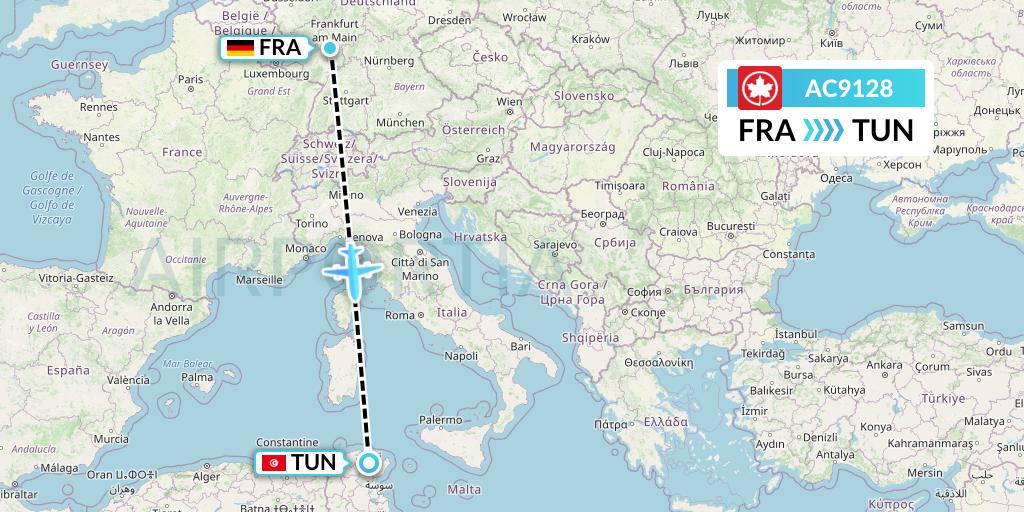AC9128 Air Canada Flight Map: Frankfurt to Tunis